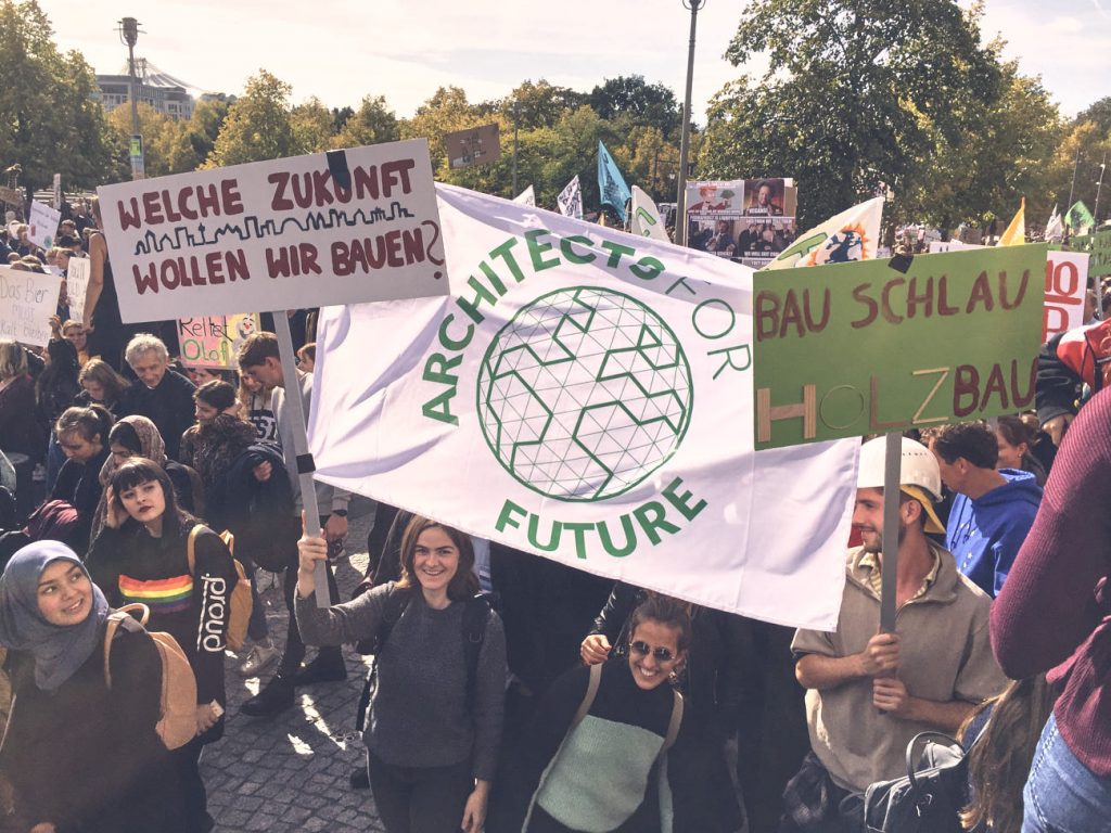 Activists from architects4future protesting at the global climate change. Definition Bauwende.