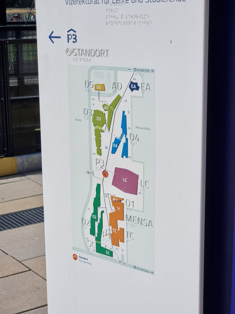 Tactile map with labels in braille, showing the area of campus in Vienna