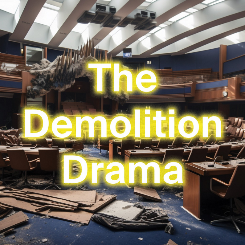 Abandoned building in the background, with a shiny text saying "The demolition drama!