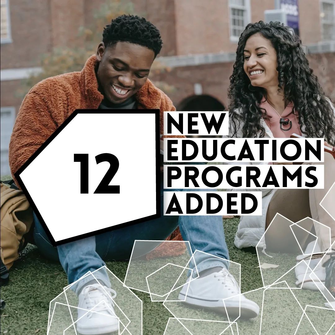 Banner announcing 12 new education programs in our education database