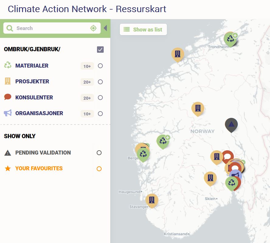 Ressurckart: A map locating different circular construction stakeholders in Norway